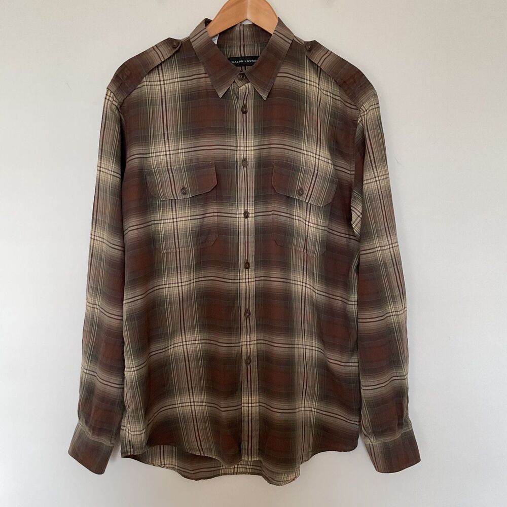Ralph Lauren Black Label Shirt Mens XL Italy Brown Green Plaid Military Epaulets